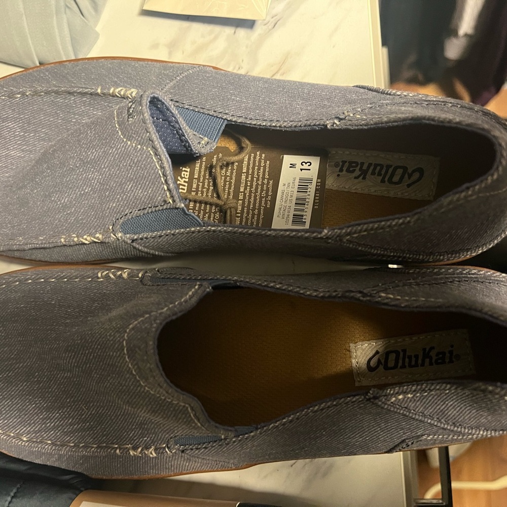 Mens olukai Puhalu indigo canvas slip ons